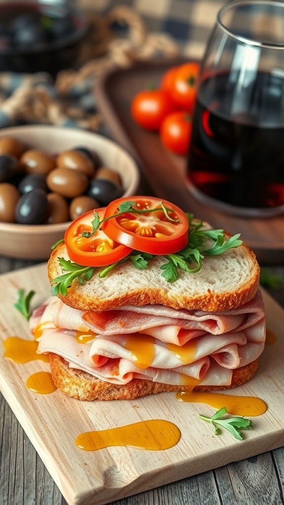 A classic Spanish jamón sandwich with arugula and tomatoes on a wooden table, accompanied by olives and red wine.